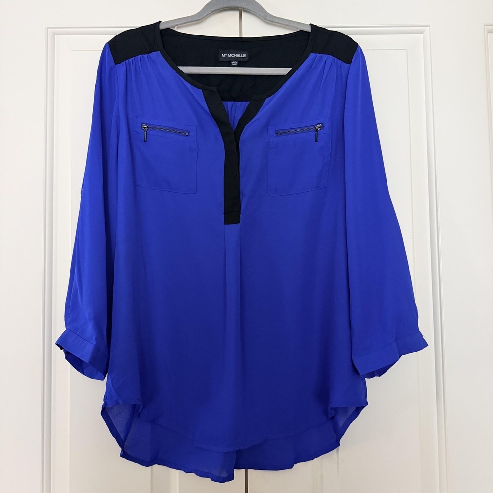 My Michelle Blouse Womens XL Blue Black Henley Chiffon Zip Pocket Tunic Work Top